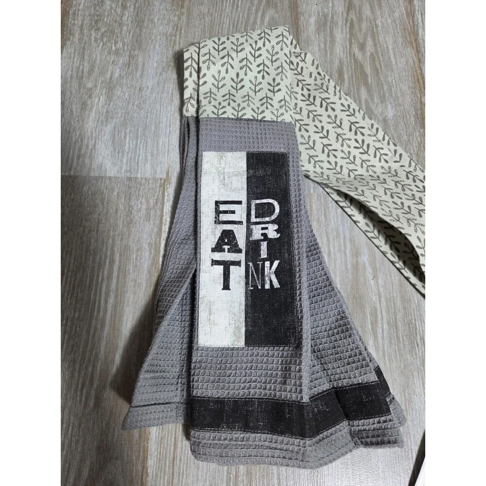 NWT Kitchen Boa Eat Drink Neck Kitchen Towel Gray Cotton Waffle Demdaco
